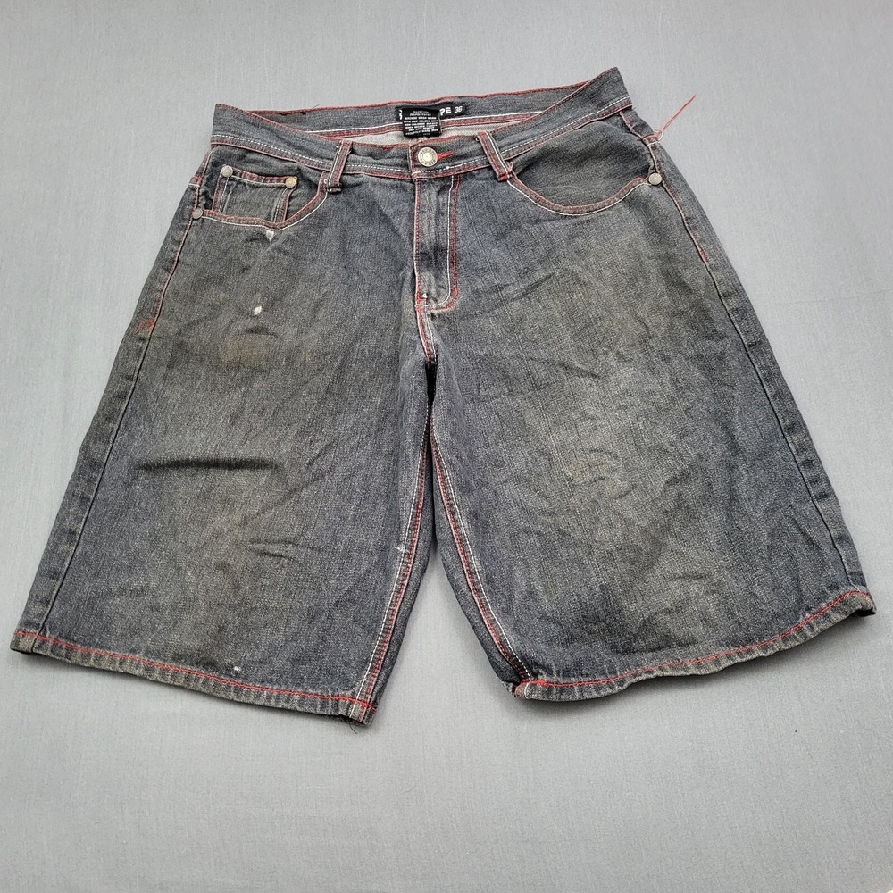 Red Ape Mens Baggy Denim Shorts Size 36 Black Red Contrast Stitch Y2K Streetwear